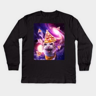Space Galaxy Cat With Pizza Kids Long Sleeve T-Shirt